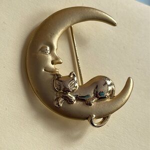 Gold-Tone Cat On The Moon Brooch